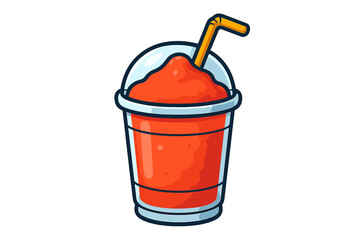Refreshing red slushie drink in plastic cup with dome lid and bent straw on white