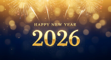 Festive "Happy New Year 2026" greeting with golden fireworks display and sparkling bokeh lights on a dark blue background.