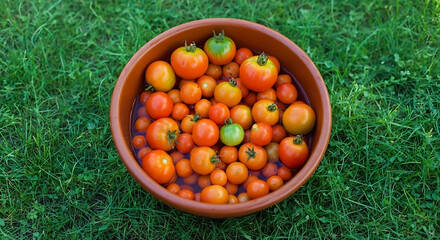 A bowl filled with fresh tomatoes sitting on green grass in an outdoor setting on a sunny day light