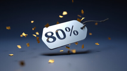 A tag showing eighty percent off with confetti floating around on a gradient blue background sale concept
