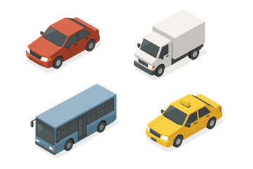 Collection of four different modern city transportation vehicles in isometric perspective