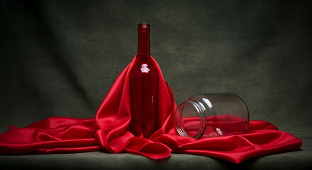 A red wine bottle draped with red silk and an empty glass on a dark surface in a studio setting