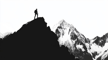 Silhouette of a Hiker Standing on the Summit of a Steep Mountain