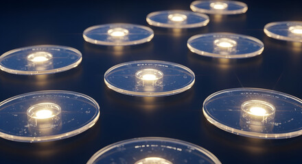 Geometric pattern of transparent circular discs, each with a glowing central light, arranged elegantly on a dark surface.