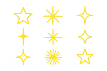 Obraz premium Bright yellow star shapes and shining sparkle elements doodle style set