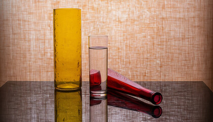 Still life of yellow and clear glass vases with red bottle on a reflective surface against textured wall