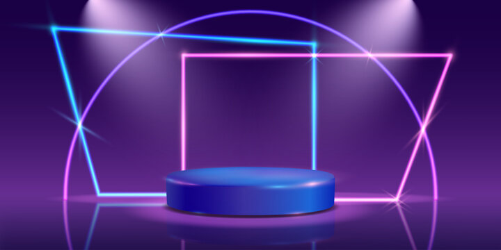 Futuristic Podium with Bright Neon Geometry