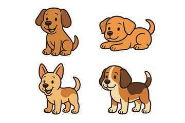 Cute happy puppies set featuring dogs in various sitting and standing poses and colors