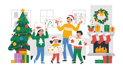 Christmas Cheer: Family gathered around a fireplace, engrossed in the magic of Christmas, the air brimming with the sweet anticipation of the season. 