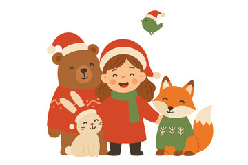 Fototapeta premium Adorable girl and friendly wild animals celebrating the winter holidays in festive attire