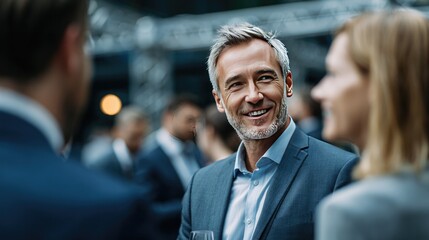Networking with Sophistication: A sharply dressed man exudes confidence, engaging in a lively conversation, creating an image of effortless connections and modern workplace collaboration.