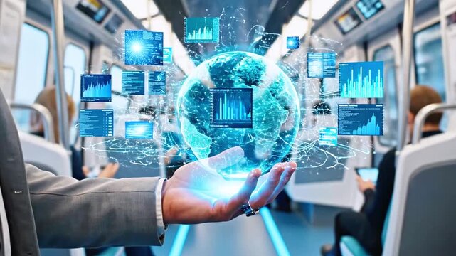 A glowing globe of data held in a hand inside of a train. Data screens surround the globe