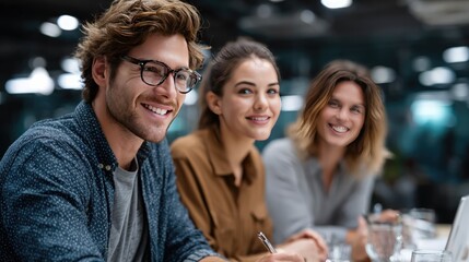 Obraz premium Team of Smiles in Business Meeting: capturing the essence of collaboration and positive environment in modern workplace