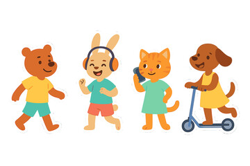 Cute cartoon animal characters walking, running, talking on phone, and riding a scooter