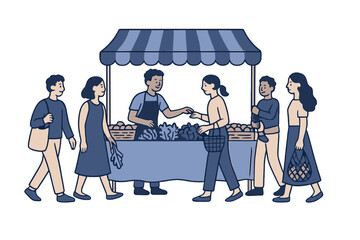 Community members shopping for organic vegetables and fruits at a local farmer's market stand