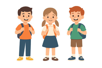 Fototapeta premium Three happy diverse elementary students wearing backpacks ready for the first day of school