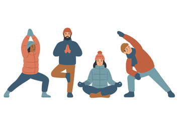Obraz premium Diverse group practicing yoga poses outdoors wearing warm winter clothing