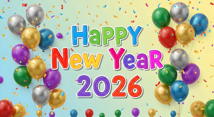 Cheerful "Happy New Year 2026" with colorful text, vibrant balloons, and confetti on a festive blue and yellow gradient background.