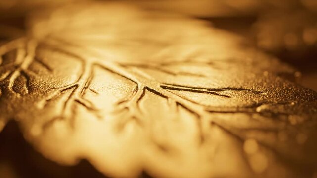 Golden Leaf Pattern with Subtle Light - A close-up shot showcasing a golden leaf pattern with a delicate texture. The video is illuminated with subtle light, creating a visually appealing design.