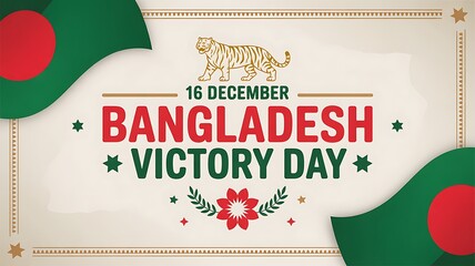 Bangladesh victory day vector poster with map silhouette red and green balloons confetti circular badge bold victor day lettering for 16 december national celebration and patriotic tribute