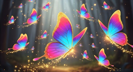 Dreamlike fantasy illustration of glowing iridescent butterflies soaring through a magical forest. isolated PNG with Transparent Background