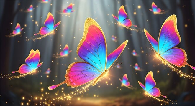 Dreamlike fantasy illustration of glowing iridescent butterflies soaring through a magical forest. isolated PNG with Transparent Background