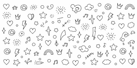 Collection of hand drawn doodle icons hearts stars clouds rainbows and music notes