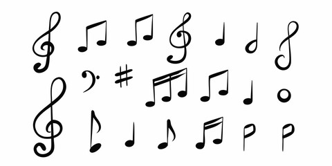 Collection of hand drawn black music notes and symbols on white background