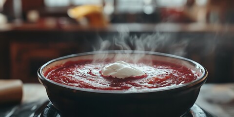 Steaming ukrainian borscht with sour cream in a black bowl