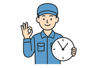 Obraz premium Smiling service worker holding a clock and making an okay gesture indicating punctuality and good timing