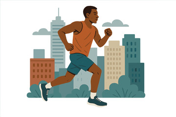 Determined young Black man jogging outdoors against a stylized urban city background