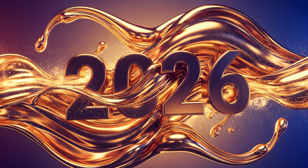 Striking "2026" in dark gold, enveloped by dynamic liquid metal splashes and shimmering particles on a deep blue background.