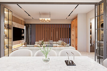 Living room view and color furniture seating 