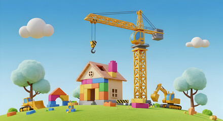 Cute Cartoon House Under Construction with Building Blocks, Crane and Excavator on a Grassy Hill