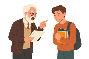 Fototapeta premium Angry elderly professor scolding sad young student holding books and wearing backpack
