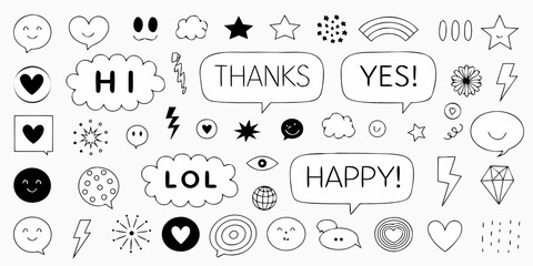 Hand drawn doodle icons and speech bubbles with positive words