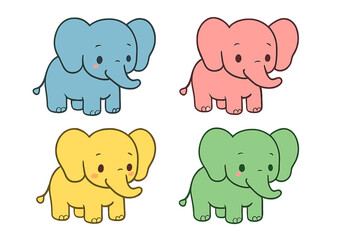 Fototapeta premium Four adorable cartoon baby elephants in blue, pink, yellow, and green standing together