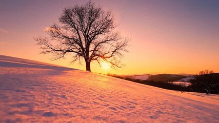 Winter Sunset with Bare Tree - A breathtaking winter landscape is captured at sunset, featuring a solitary bare tree standing on a snow-covered hillside, bathed in warm orange and pink hues. - Powered by Adobe