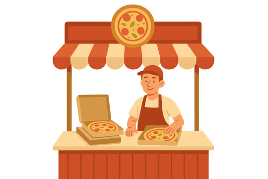Friendly street food vendor preparing fresh pizza for delivery or takeout at a small market stall - Powered by Adobe