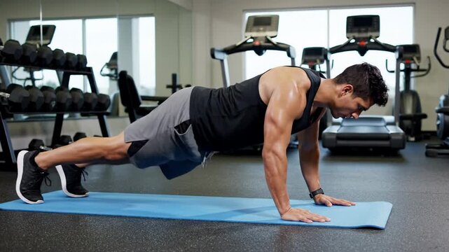 Fit adult male performs mountain climbers, gym setting energizes workout, New Year's fitness resolution inspiration, South Asian descent