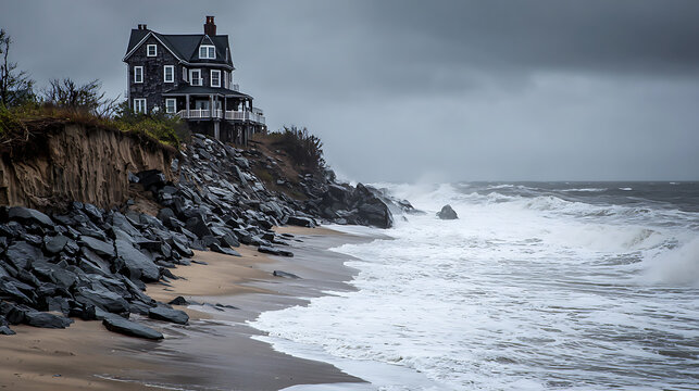 Dark house on cliff overlooking stormy ocean waves crashing on rocky shore image