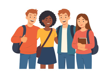 Fototapeta premium Diverse group of happy students standing together with backpacks and books, ready for class
