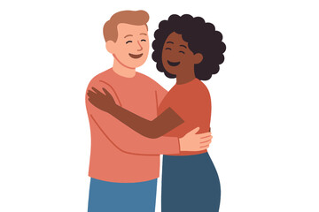 Obraz premium Happy diverse couple embracing each other with affection and smiling broadly
