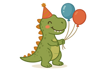 Obraz premium Cute smiling green dinosaur character wearing a striped party hat and holding colorful balloons