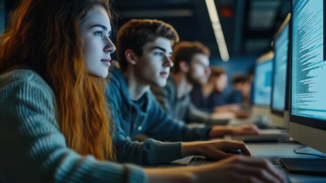 Video Group of individuals working on laptops or desktops, concept of team collaboration or remote work - Powered by Adobe