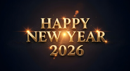 Happy New Year 2026 Golden Text with Glowing Lens Flares and Sparkles on Dark Background