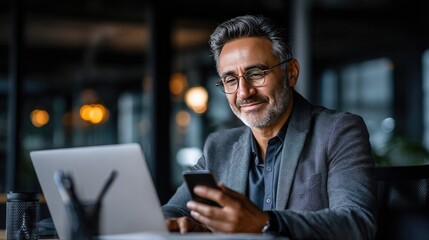 Connected in the Moment: A confident business professional in a stylish suit, deeply engaged with his mobile phone while working on a modern laptop, embodying the synergy of work and connectivity.