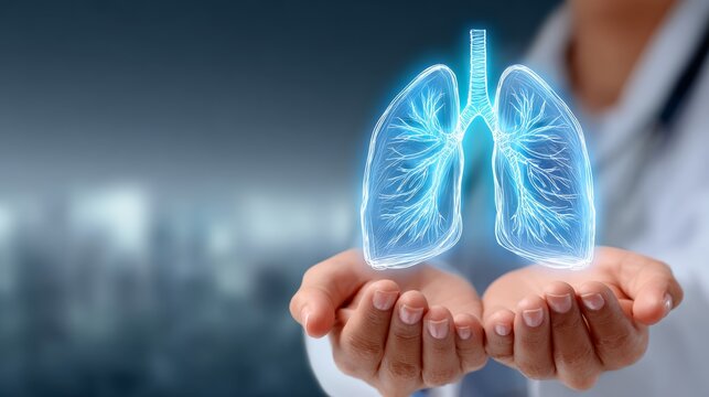 Medical professional presenting a glowing holographic representation of human lungs in hands, symbolizing respiratory health and innovation in healthcare technology for patient education and awareness
