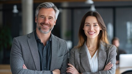 Professional Pair in Office Setting: A poised man and woman, both dressed in professional attire, exude confidence and approachability, poised in a modern office environment. 