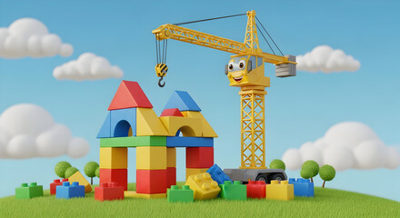 Cute Cartoon Crane Building a House with Colorful Toy Blocks on a Grassy Hill